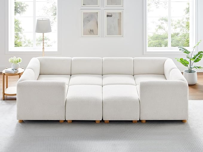VANOMi Oversized Modular Sectional Sofa, Sleeper Sectional Couches for Living Room, 8 Seats Modular Sofa with Reversible Chaises, Cream White