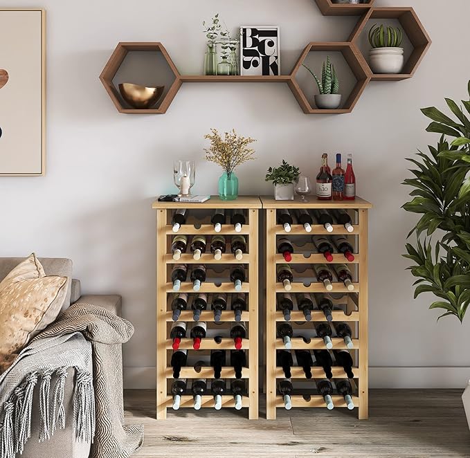 SMIBUY Bamboo Wine Rack, 28 Bottles Display Holder with Table Top, 7-Tier Free Standing Storage Shelves for Kitchen, Pantry, Cellar, Bar (Natural)