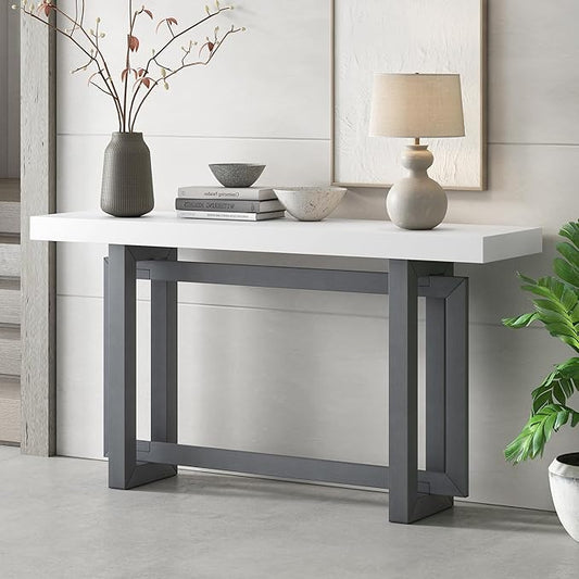 Knocbel Contemporary Console Table with Industrial-Inspired Concrete Wood Top, Minimalist Entryway Table for Hallway Living Room Foyer Corridor, 59.1" W x 15.7" D x 31.7" H (Dark Gray & White)