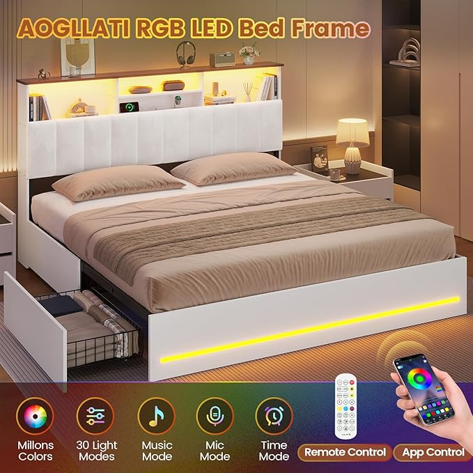 AOGLLATI King Size Bed Frame with 4 Storage Drawers, White King Bed Frame Wood with Charging Station (Type-C and USB), Led Light and Hidden Bookcase Headboard, White