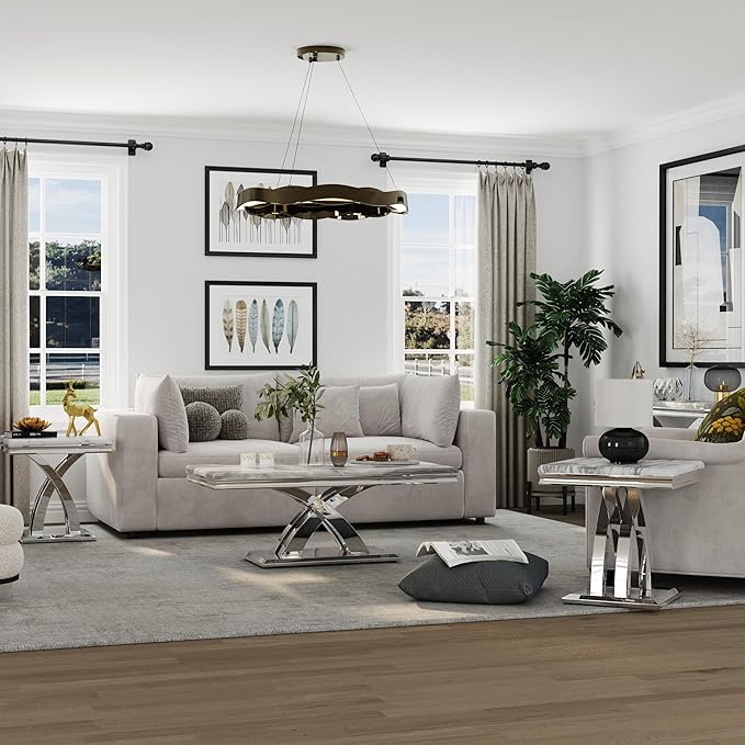 AUZ Silver Coffee Table Set of 2, Living Room Table Set with X- Shape Design Polished Stainless Steel Frame