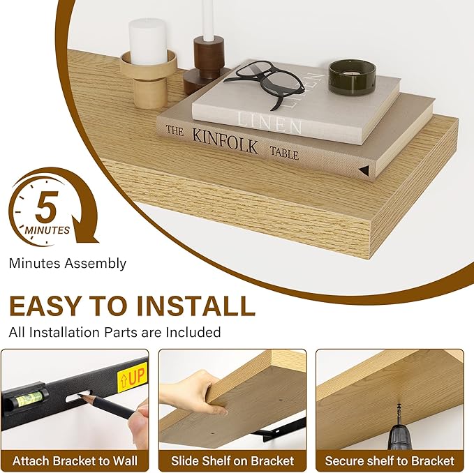 Floating Shelves for Wall, 22.5"W x 8"D Wall Shelf, Rustic Wood Floating Shelf 22.5 Inch Long, Bathroom Shelves Set of 2, 8 Inch Deep Floating Shelves for Living Room, Bedroom, Kitchen, Oak Color