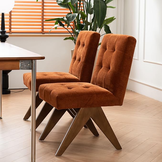 Rowill Modern Upholstered Dining Chairs Parsons Chair Linen Fabric Kitchen Chairs Tufted Armless Dining Room Chairs with Wood Legs Set of 2, Burnt Orange