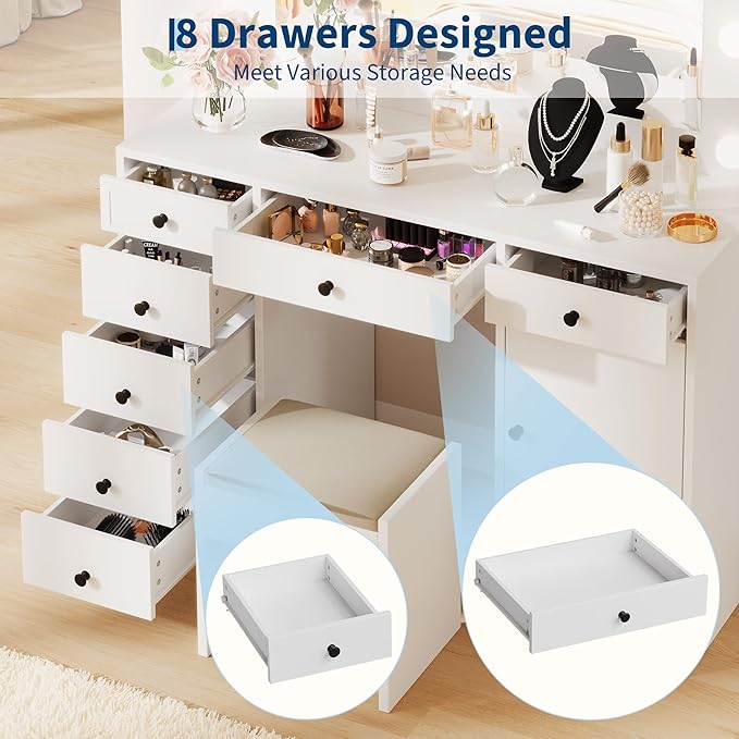 Garvee White Vanity Desk with Mirror and Light, Makeup Vanity Table with Charging Station, 7 Storage Drawers, 1 Cabinet, 3 Color Lighting Modes, Modern Wooden Dressing Table for Bedroom