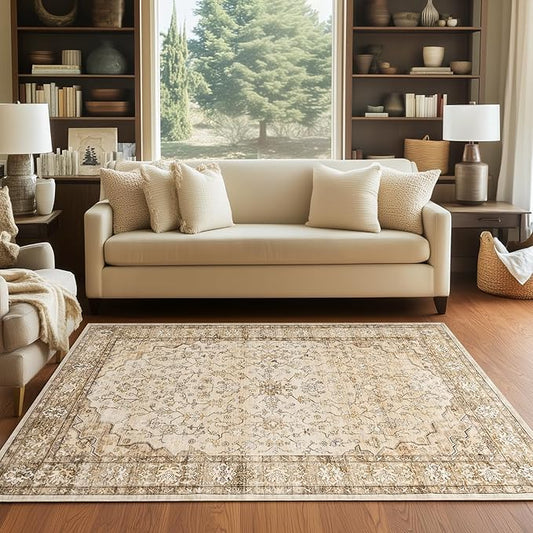 Natural Beige Area Rugs 5x7 Indoor Vintage Trellis Living Room Rug Washable Low Pile Soft Faux Fur Non Slip Sound Absorbing Tan Boho Floral Carpet Rugs for Bedroom Office Patio Dining Room Bathroom