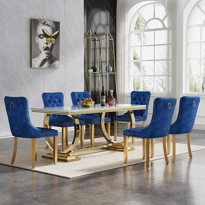 7 Piece Marble Dining Table Set for 6, Luxury White Marble Gold Kitchen Table with 6 Blue Velvet Upholstered Chairs, Modern 6 Person Dining Room Table Set for Kicken Dining Office Room