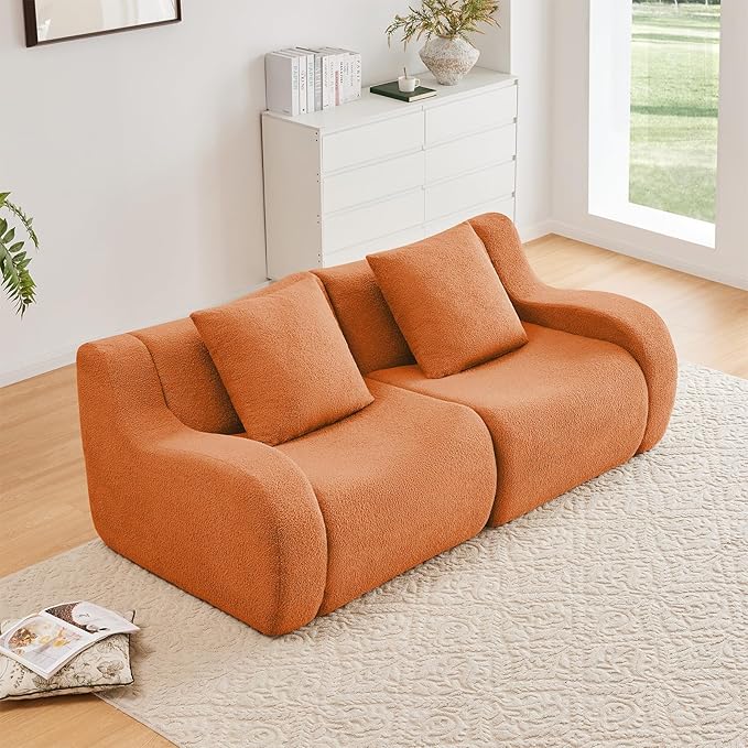 Orange Cloud Couch Loveseat, Modern Teddy Fabric Boneless Sectional Sofa in a Box for Living Room, Modular Floor Couch, No Assembly Required, Sofas para Sala