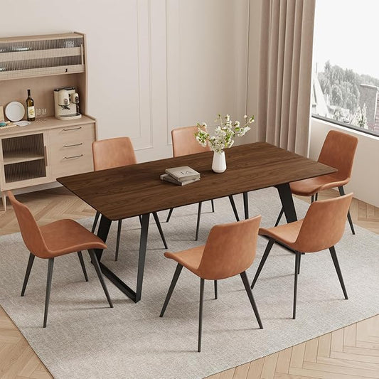 ZckyCine 63"-79" Extendable Dining Table Set for 6, Modern Walnut Color Table with 6 Brown Chairs, Retractable Wood Table and Chair Set for Kitchen and Dining Room