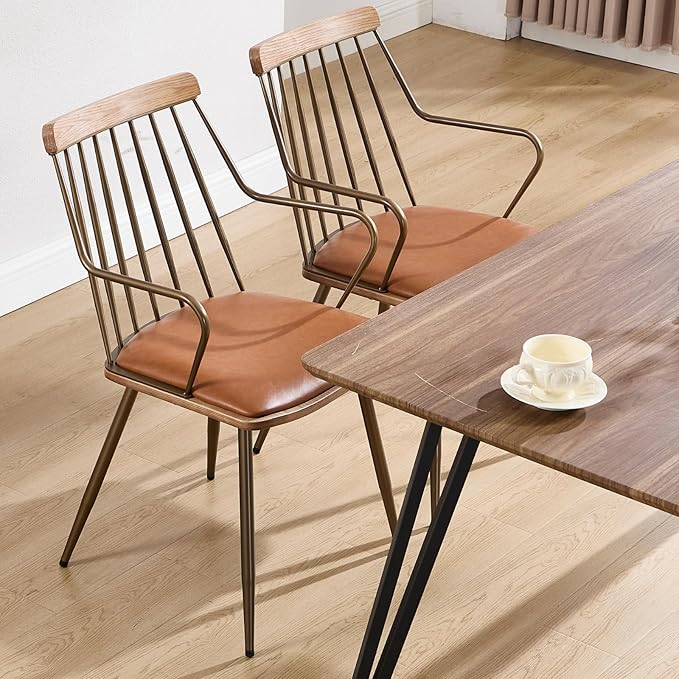 Modern Dining Chairs Set of 2, PU Upholstered Dining Chairs with Metal Legs, Wood Kitchen Chairs with Fence-Like Back and Curved Arm for Dining Room Kitchen Restaurant Reception (Brown)