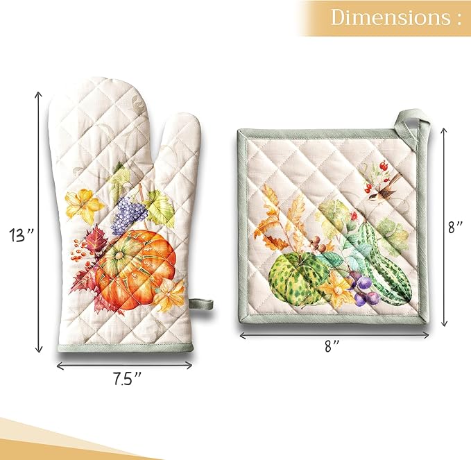 Maison d' Hermine 100% Cotton Oven Mitt & Pot Holder Set (7.5"x13" & 8"x8") Heat Resistant BBQ Cooking Gloves with Loop for Thanksgiving Christmas Decorations Handling Hot Pans (Lumina)