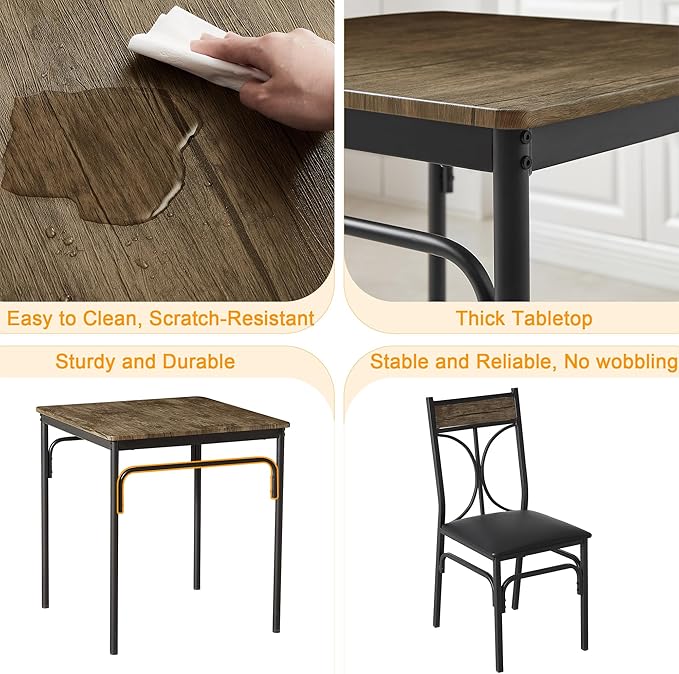 VECELO 3 Piece Dining Table Set for 2, Kitchen Table Set with 2 Chairs for Small Space, Space-Saving and Modern Design, Apartment, Easy to Assemble,Classic Brown