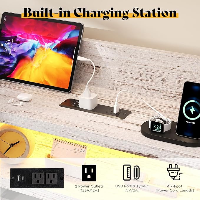 Twin Farmhouse Bed Frame with Bookcase Headboard and 4 Drawers, LED Storage Bed with Charging Station & Linen Upholstered, No Box Spring Needed, Distressed White