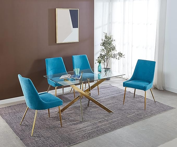 51" Glass Dining Table for 4, Contemporary Rectangular Dining Room Table with Tempered Glass Top & Golden Finish Stainless Steel Legs, Modern Kitchen Table for Home Office