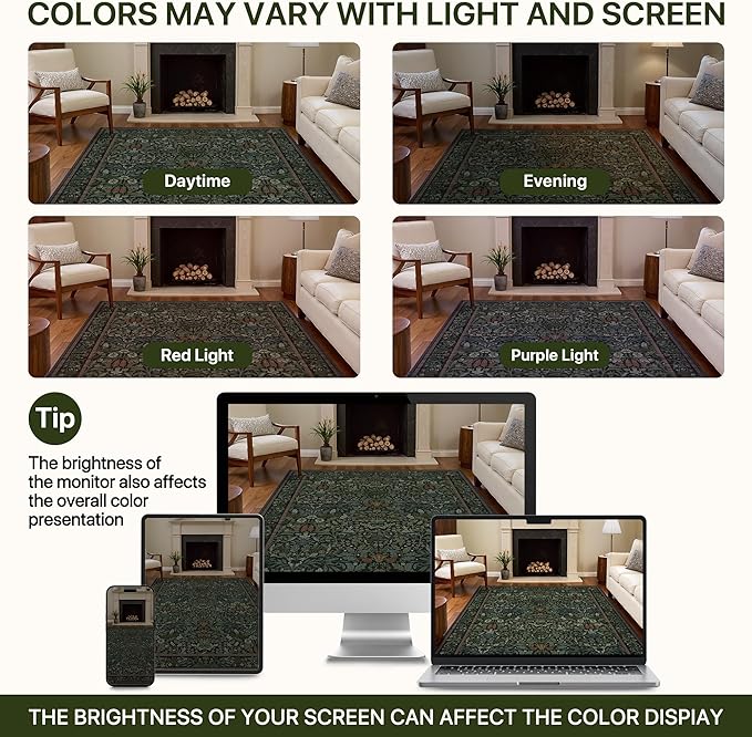 GENIMO 5x7 Washable Area Rug, Non-Slip Vintage Boho Floral Carpet, Soft Low-Pile Thin Bedroom Rug for Living Room, Dining Room, Nursery, Dark Green