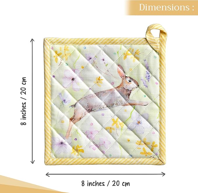 Maison d' Hermine Pot Holders 100% Cotton Heat Resistant Potholders 8" x 8" Hot Pads with Loop BBQ, Cooking, Baking, Grilling, Kitchen, Handling Hot Pans Spring/Summer (Pack of 1, Easter Zest)