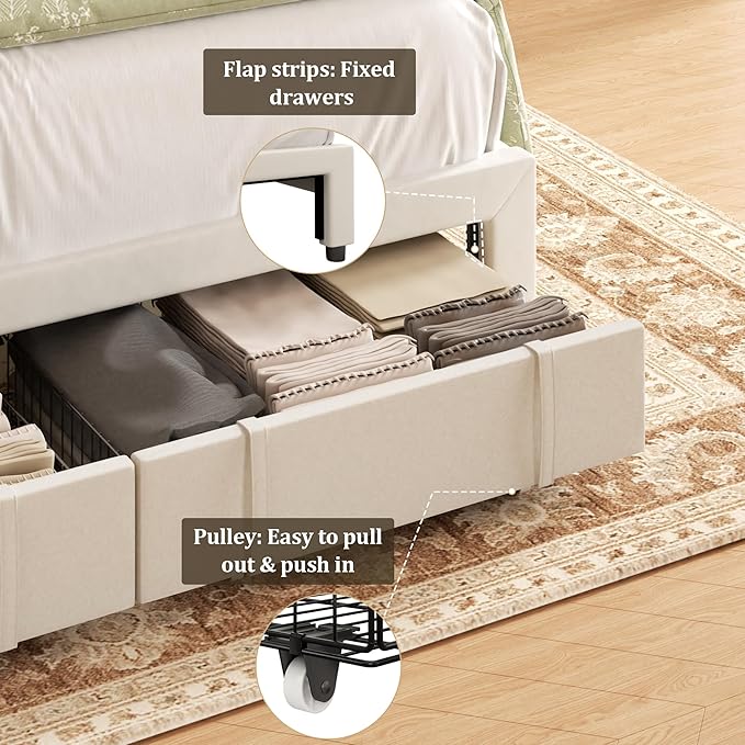 Queen Bed Frame with Storage Drawers, Upholstered Queen Size Platform Bed with 47" Tall Headboard and Wingboard, No Box Spring Needed, Noise Free, Easy Assembly, Wooden Support Slats, Beige