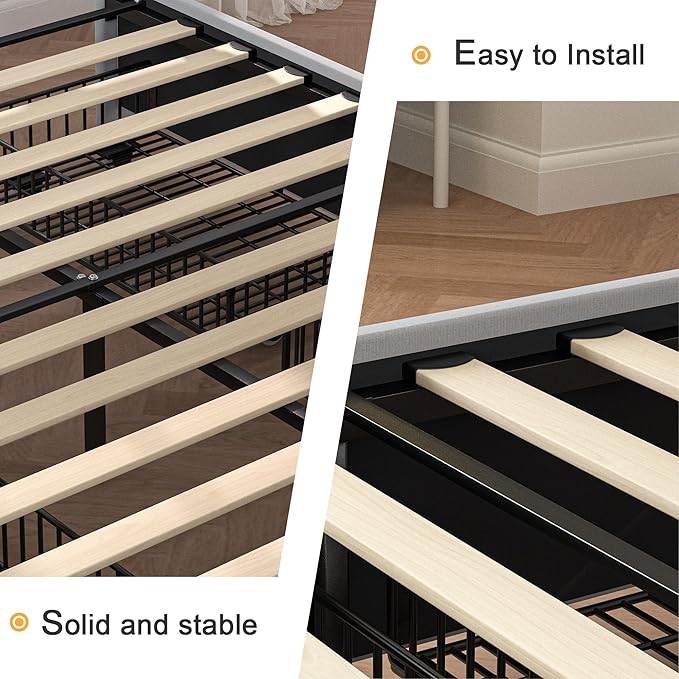 VECELO Full Size Bed Frame with 4 Drawers, Adjustable Tufted Button Headboard, Upholstered Platform with Wood Slats Support, Built-in USB and Type C Ports, Light Grey