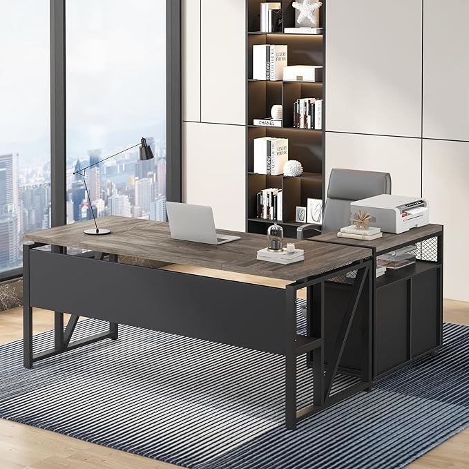 Tribesigns 63" Executive Desk with Reversible File Cabinet, Large L-Shaped Office Desk with Drawers, Business Furniture Workstation for Home Office (Dark Oak, 63-inch)