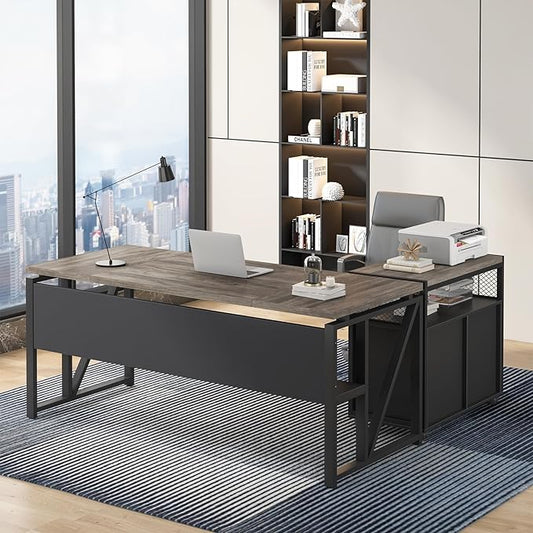 Tribesigns 63" Executive Desk with Reversible File Cabinet, Large L-Shaped Office Desk with Drawers, Business Furniture Workstation for Home Office (Dark Oak, 63-inch)