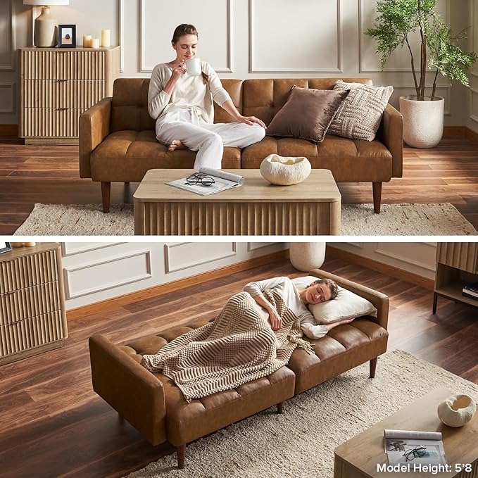 mopio Aaron 76.8" Couch, Small Futon Sofa Bed, Sleeper, Loveseat, Mid Century Modern Futon Couch, Sofa Cama, Couches for Living Room, Bedroom (Dark Grey Fabric)