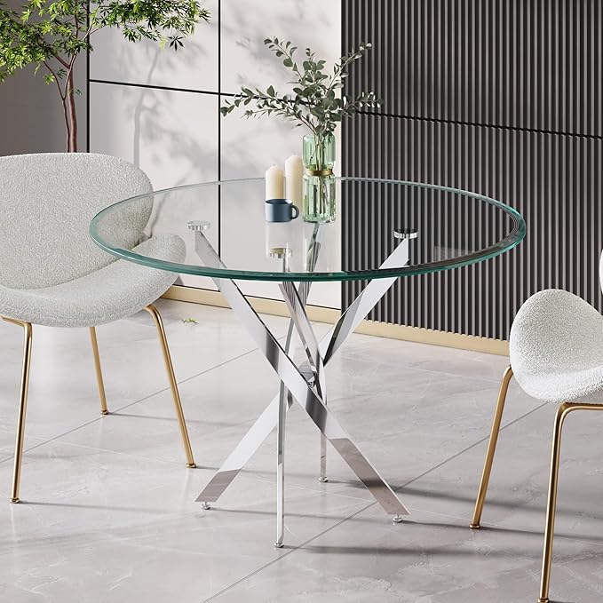 36" Round Dining Table for 4, Glass Kitchen & Dining Room Tables, Modern Circle Dining Room Table w/0.39" Tempered Glass Tabletop,Silver Finish Stainless Steel Legs for Dinner Small Space(No Chairs)