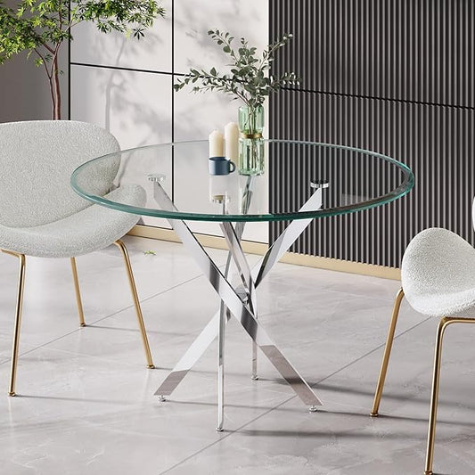 36" Round Dining Table for 4, Glass Kitchen & Dining Room Tables, Modern Circle Dining Room Table w/0.39" Tempered Glass Tabletop,Silver Finish Stainless Steel Legs for Dinner Small Space(No Chairs)
