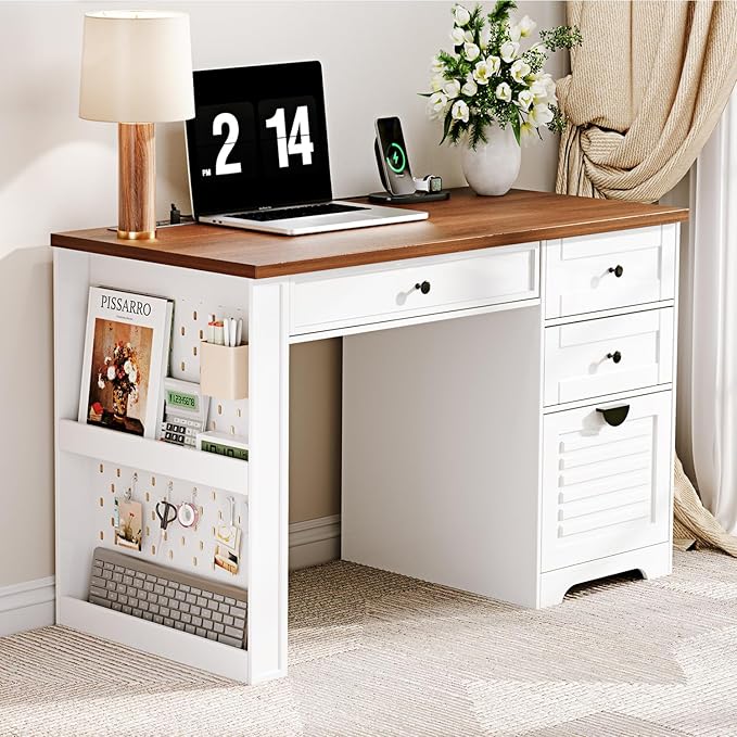 47" Home Office Desks, Executive Desk, Farmhouse Computer Desk with Drawers and Charging Station, File Drawer, Storage Cabinet, Rustic Computer Writing Desk,Antique White