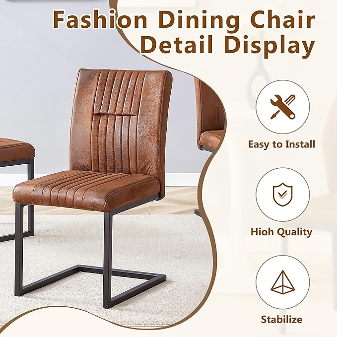 Modern Dining Chairs Set of 4, White Faux Leather Kitchen Chairs, Upholstered Armless Dining Room Chair with Gold Mental Legs Heavy Duty, Comfortable (Style 2 Brown Chiars, Set of 4)