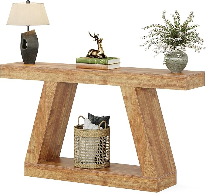 Tribesigns Farmhouse Console Table, 55-Inch Rustic Sofa Table with Storage, Industrial Wooden Entryway Table for Hallway, Living Room, Natural Brown