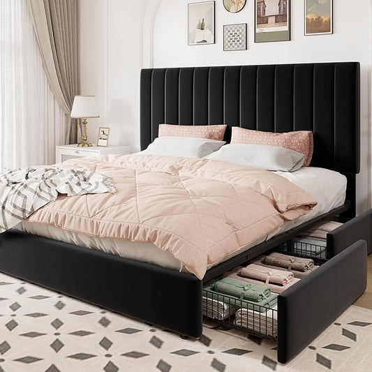 Allewie King Size Storage Bed Frame, Vertical Channel Tufted Adjustable Headboard, Velvet Upholstered Platform Bed with 4 Oversized Underbed Drawers, Wooden Slats Support, No Box Spring Needed, Black
