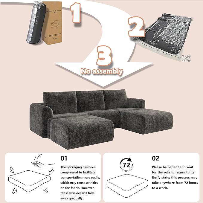 EASE MOOSE Cloud Couch Sectional Sofa, Large U-Shaped Oversized Modular Couch for Living Room, Minimalist Boneless Convertible Couches with Ottoman, 5-Seat Deep Sofa for Bedroom, Chenille (Dark Grey)