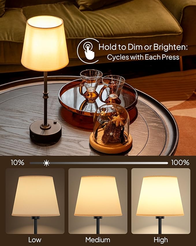 EppieBasic Cordless Table Lamp Rechargeable: Fast Charging & Long Lasting - 2700K Warm Light Vintage Brass Lamps - Dinning Living Room Bedroom - 2 Pack