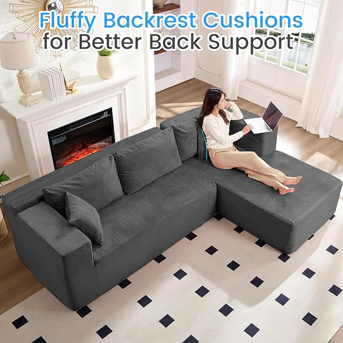 PUREMIND 106" Cloud Sectional Couch for Living Room, Corduroy L Shape Sofa with Deep Seat, Modular Boneless Foam Couch Corner Couches No Assembly Required