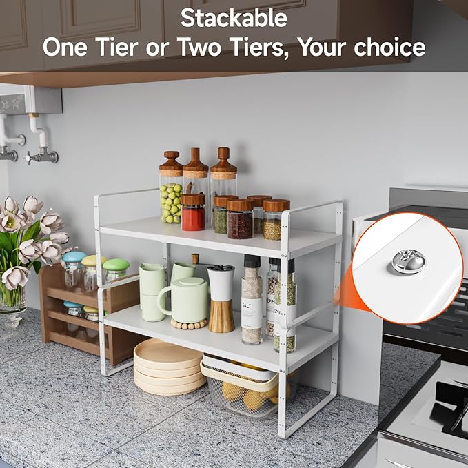 16.5-27’’L Expandable Stackable Cabinet Shelves, Adjustable Spice Rack Cabinet Shelf Organizer for Kitchen, Countertop, Pantry and Cupboard, White