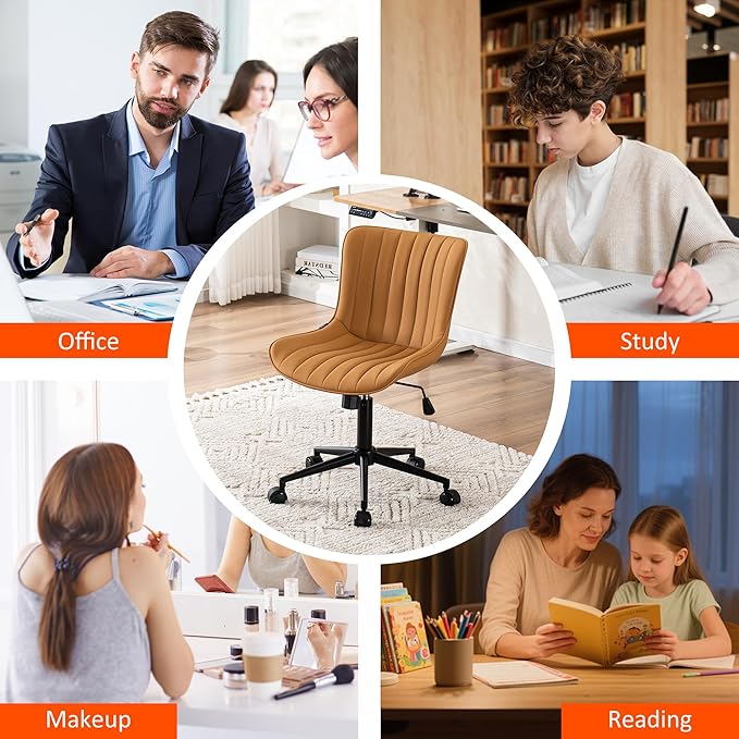 Kidol & Shellder Tan Leather Home Office Desk Chair with Wheels Modern Cute Armless Executive Swivel Vanity Chair with Comfy Padded Back Ergonomic Rolling Adjustable Computer Task Chair Small