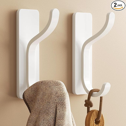 pickpiff Adhesive Wall Coat Hooks - Heavy Duty Stick-On Door Hanger, Metal Hook for Hanging Towel,Purse, Robe, Backpack, Jacket, Clothes - for Bathroom,Dorm, Closet, Kitchen - White, 2 Pack