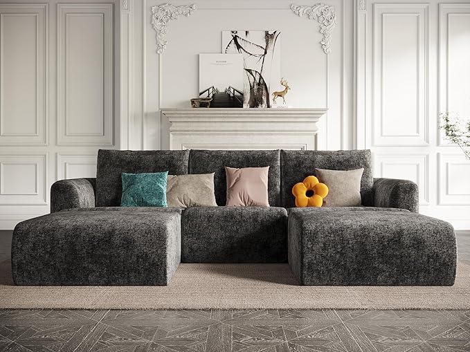 EASE MOOSE Cloud Couch Sectional Sofa, Large U-Shaped Oversized Modular Couch for Living Room, Minimalist Boneless Convertible Couches with Ottoman, 5-Seat Deep Sofa for Bedroom, Chenille (Dark Grey)