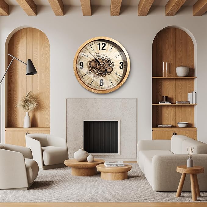 Wall Clocks for Living Room Decor, Large Real Moving Gears Clock, Vintage Industrial Oversized Rustic Farmhouse Kitchen Office Fireplace Wall Decor (Wood Tone, 27 inch)