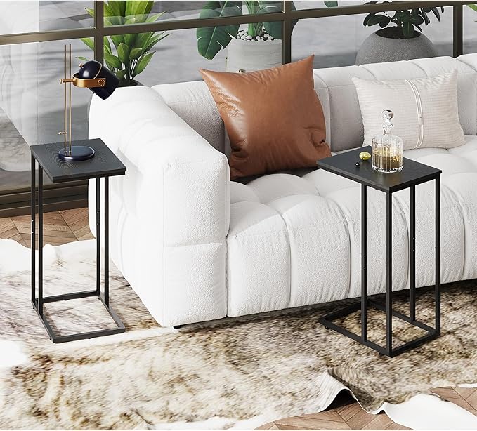 WLIVE Black Side Table Set of 2, C Shaped End Table Sets, Small Sofa Side Tables Bedroom, Living Room, Home Office, 2-Tier Couch Bedside Table for Small Spaces