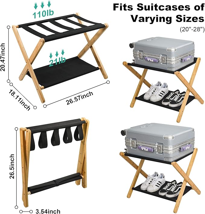 VASMIA Luggage Rack, Folding Suitcase Stand with Storage Shelf,Bamboo Luggage Stand for Guest Room,Bedroon and Hotel,Holds up to 131 lb,Fit Most Luggage Size,Natural