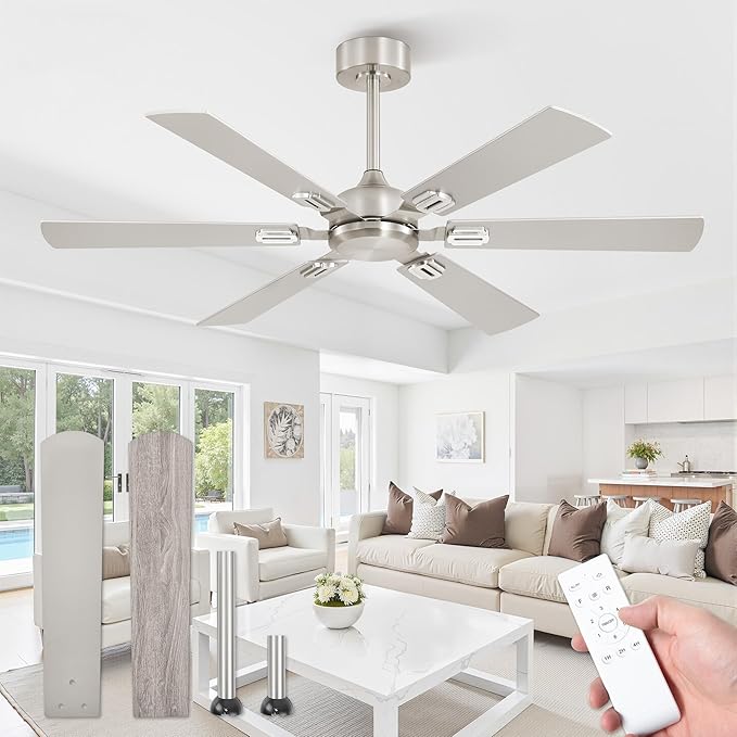 Fanbulous 52 Inch Ceiling Fans No Light with Remote, Modern Ceiling Fan Without Light, Dual Finish 6 Blades, Reversible Quiet DC Motor, 6 Speed, Large Ceiling Fan for Indoor or Covered Outdoor, Nickel