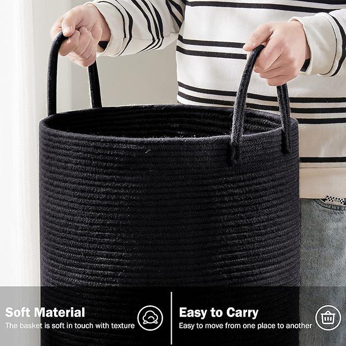 YOUDENOVA Woven Rope Laundry Hamper Basket, 58L Tall Laundry Basket, Baby Nursery Hamper for Blanket Storage in Bedroom-Large- Black