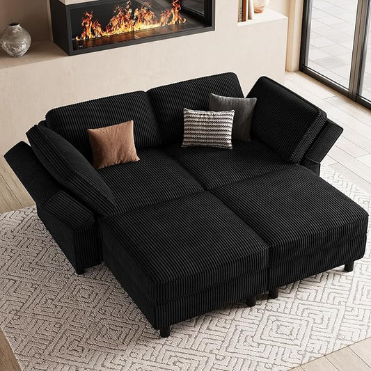 63" Modular Sectional Sofa with Storage Seat,Corduroy Sectional Couch Convertible 4 Seat Modular Sleeper Sofa Couch with Movable Ottoman Chaise,Comfy Sectional Couches for Living Room,Black
