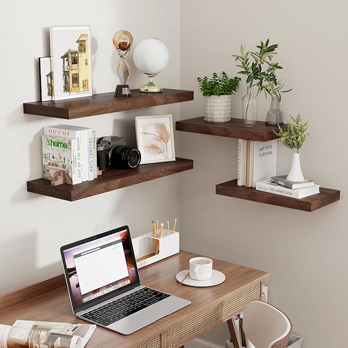 Floating Shelves 16 Inch Long, Wall-Mounted Bathroom Shelves Set of 2, 9.3 Inch Deep Shelf for Home Storage & Display, Wooden Deep Wall Shelves for Bedroom, Living Room, Kitchen, Walnut Color
