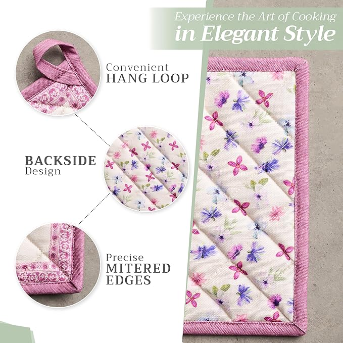 Maison d' Hermine 100% Cotton Oven Mitt & Pot Holder Set (7.5"x13" & 8"x8") Heat Resistant BBQ Cooking Gloves with Loop, Baking, Grilling, Kitchen, Handling Hot Pans Spring/Summer (Chardon)