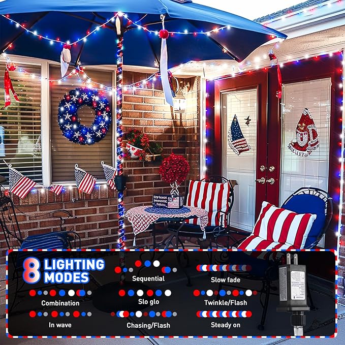 JMEXSUSS Red White and Blue Lights Clear Wire, 66 Ft 200 LED 4th of July Decorations String Lights Plug in, Christmas Light for Independence Day Celebration Party Memorial Day Patriotic Holidays Decor