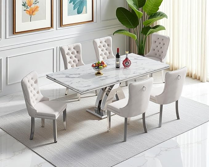 Goujxcy 68" Faux Marble Dining Table Set for 6, 7-Piece Dining Set with White Silver Kitchen Table and 6 Velvet Tufted Chairs, Modern Rectangular Dining Room Table with X-Shape Stainless Steel Base
