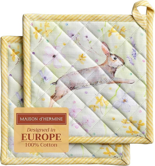 Maison d' Hermine Pot Holders Set 100% Cotton Heat Resistant Potholders 8" x 8" Hot Pads with Loop BBQ, Cooking, Baking, Grilling, Kitchen, Handling Hot Pans Spring/Summer (Pack of 2, Easter Zest)