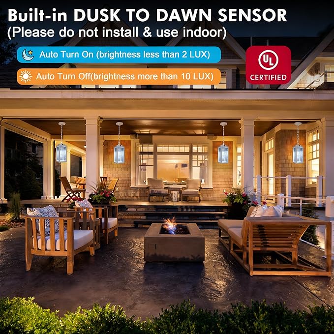 Outdoor Pendant Light Dusk to Dawn, 11'' Porch lights Outdoor Chandelier Hanging Ceiling Lights, White Aluminum Lightshade with Tempered Glass, Exterior Lighting Fixture for Porch Yard, Gazebo, 1 Pack