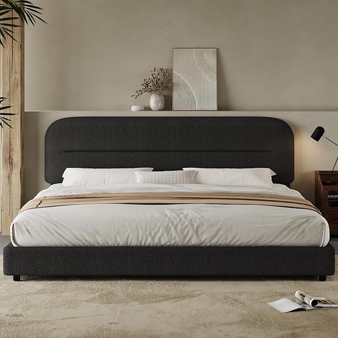 HOMBCK King Size Boucle Bed Frame, Upholstered Cloud Bed Frame with Headboard, Soft Platform Bed Frame with Thickened Footboard, Rounded Corners, No Box Spring Required, Easy Assembly, Black